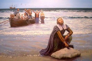 Уильям Брэдфорд и паломники высаживаются с корабля «Мэйфлауэр» на Плимут Рок